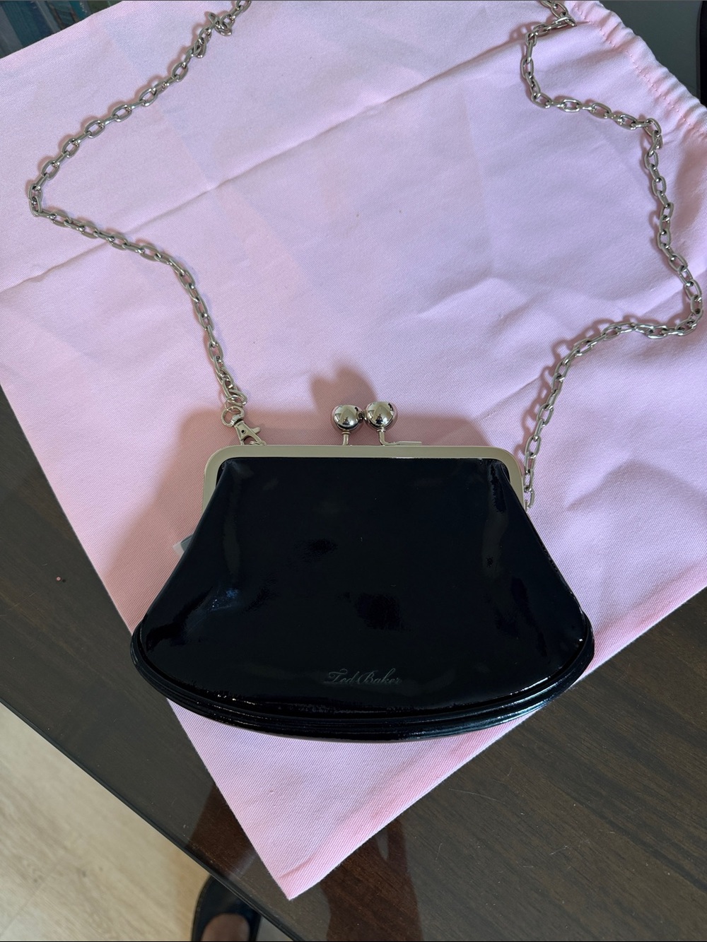 Ted Baker Black Patent Kiss-Lock Chain Clutch